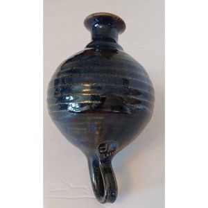 Vintage‎ Round Ceramic Blue Glaze Vase/Olive Oil Dispenser Signed J.F Handmade
